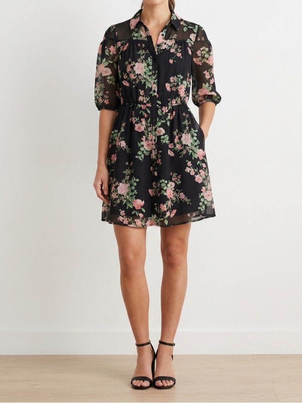 Floral Puff-Sleeve Black Dress with Pink & Green Print